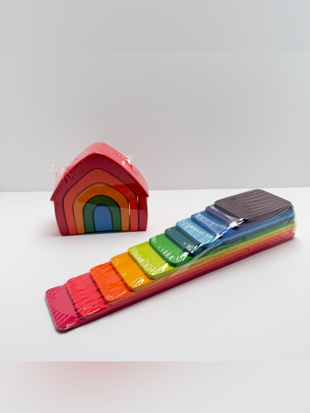 Wooden Rainbow Stack & Nesting House Set – Multicolor